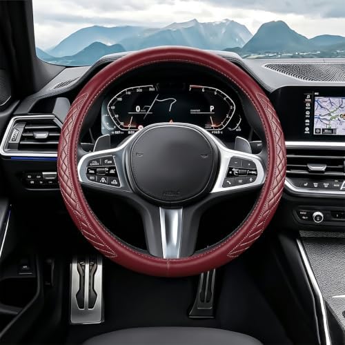 AUCELI 14.5-15 Inch Steering Wheel Cover Non-Slip Leather, Wine Red - Image 5
