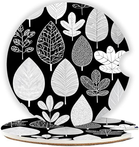 Ceramic Car Cup Holder Coasters Set of 2, 2.56 in Black Leaves by Mengduxd