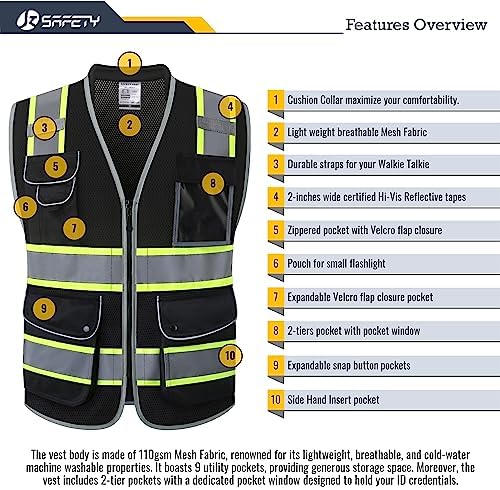 JKSafety Hi Vis Safety Vest for Men Women Cushioned Collar JK101 Black 3XL - Image 4