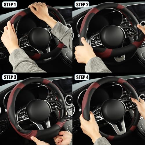 Black Burgundy Breathable Microfiber Leather Steering Wheel Cover - Image 6