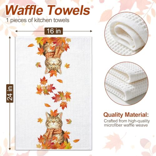 Fall Kitchen Towels, Cat Waffle Hand Towels 16x24 Inch 1-Pack - Image 2