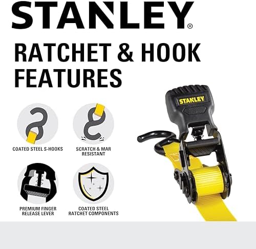 STANLEY S10002 Black/Yellow 1" x 10' Ratchet Tie Down Straps - 500 lb Safe - Image 5