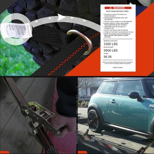 Wheel Straps for Hauling Cars, 4PK 2"x96", Flat Hooks - Image 5