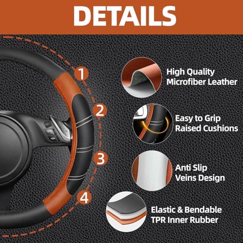 NBTEPEM 10 Pcs Brown Car Floor Mats Full Set & Sport Leather Brown Steering - Image 2
