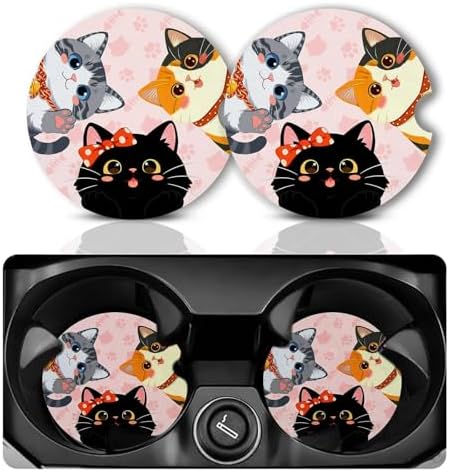 Cats Car Coasters for Cup Holders Set of 2 Pink Paws Absorbent Ceramic Cup - Image 7