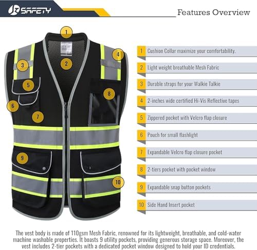 JKSafety Hi Vis Safety Vest for Men Women Cushioned Collar JK101 Black S - Image 3