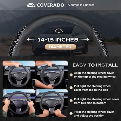 Coverado Car Steering Wheel Cover, Nappa Leather Black & Grayline Steering - Image 5