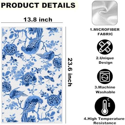 Blue Leaves 3 Pcs Artistic Bird Kitchen Towels Decorative Hand Towels - Image 2
