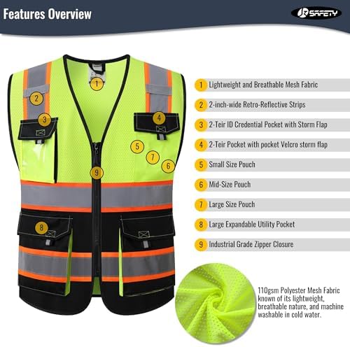 JKSafety Safety Vest for Men Women Hi Vis Reflective Vest JK220 YBlack 4XL - Image 3