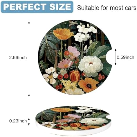 Ceramic Car Cup Holder Coasters Set of 2, 2.56 in Black Flowers - Image 2