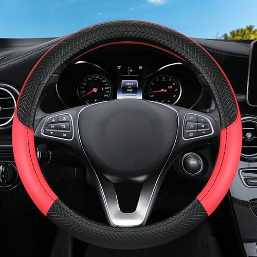 Leather Patchwork Black Red Steering Wheel Cover, 14.5-15 Inch Non-Slip by ExquisiteCarAccessories