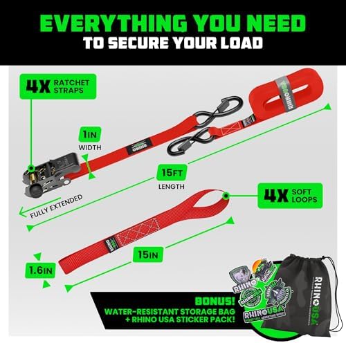 Rhino USA Ratchet Straps Tie Downs - 1in x 15ft - Image 5