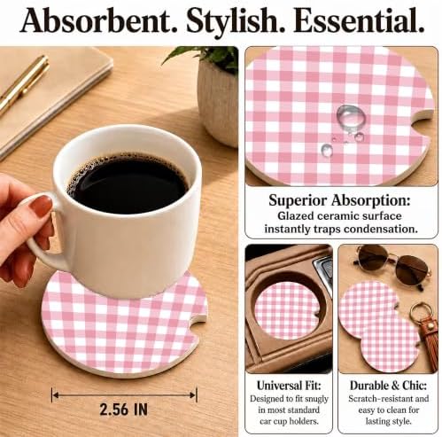 Pink Buffalo Plaid Car Coasters Set of 2, Coquette Preppy Cup Holders - Image 3