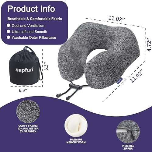 napfun Neck Pillow for Travel, Memory Foam Airplane Pillow, Full Grey - Image 2