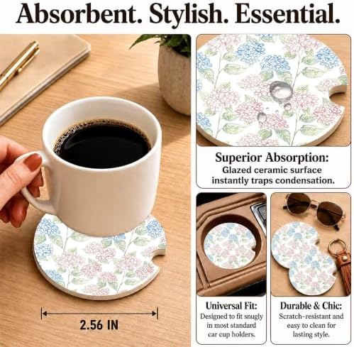 Blue Pink Hydrangea Car Coasters, Retro Coastal Floral Cup Holders - Image 3