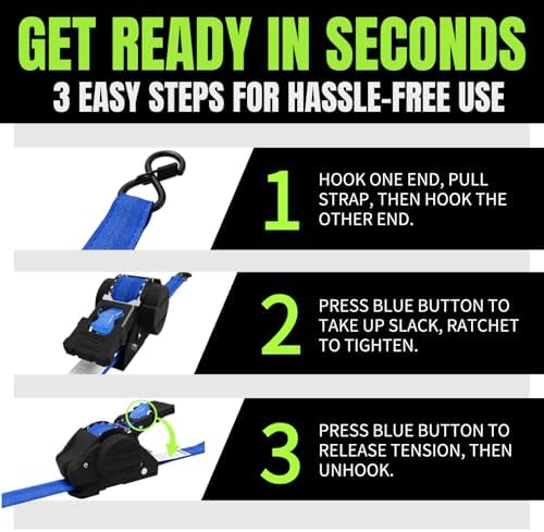 Retractable Ratchet Straps, 1 Inch x 12 Feet Heavy Duty Tie Downs, 1760lb Break - Image 4