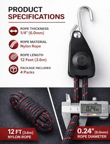 Rope Tie Down, 1/4" 12FT Adjustable Ratchet Straps 4 Pack - Image 7