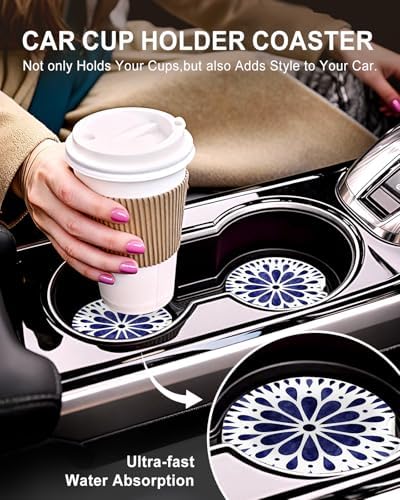 Swooflia Elegant Ceramic Car Coasters Ethnic Blue White Cup Holder Coasters - Image 5