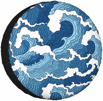 Blue and White Wave Spare Tire Cover 15 inch Wheel Japanese Abstract Protectors by NOMEDOGYIM