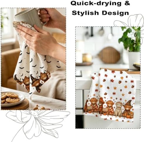 2 Pcs Halloween Kitchen Towels, Highland Cow Soft Absorbent Hand Tea Towels - Image 6