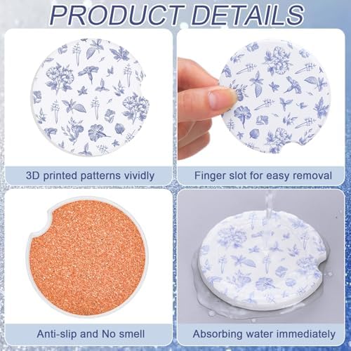 Boao 4 Pcs Vintage Blue Flower Car Cupholder Coasters - Image 3