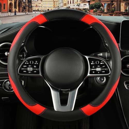 Black Red Microfiber Leather Steering Wheel Cover 15 inch - Image 2