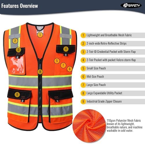 JKSafety Safety Vest for Men Women Hi Vis Reflective Vest JK220 Orange S - Image 4