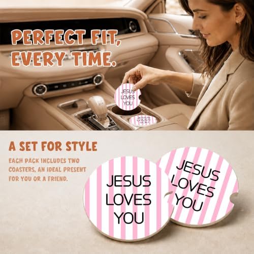 Pink Christian Faith Car Coasters, Jesus Loves You Preppy Cup Holders - Image 2