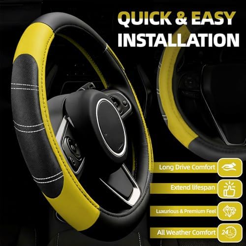 NBTEPEM 6 Pcs Yellow Steering Wheel Cover Set, Sport Microfiber Leather - Image 2