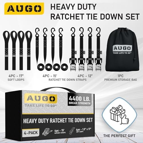 AUGO Heavy Duty Ratchet Straps & Soft Loops – Pack of 4 Extra Strong 1.5” by - Image 4