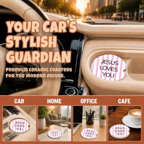 Pink Christian Faith Car Coasters, Jesus Loves You Preppy Cup Holders - Image 4