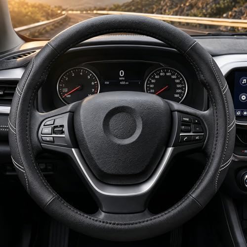 Black Line Punching Car Steering Wheel Cover, Microfiber Leather Sports - Image 2