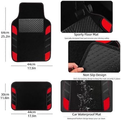 NBTEPEM 10 Pcs Red Car Floor Mats Full Set & Sport Leather Red Steering Wheel - Image 4