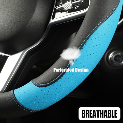 Black Blue Breathable Microfiber Leather Steering Wheel Cover - Image 3