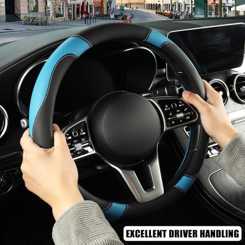 Black Blue Breathable Microfiber Leather Steering Wheel Cover - Image 5