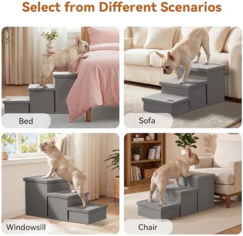 Zerbuger Dog Stairs with Storage, Small Grey 3 Steps Dog Ramp no Condo - Image 2