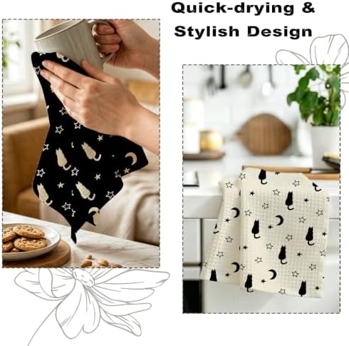 2 Pcs Cute Cat Kitchen Towels Waffle Soft Hand Towel Moon Star Decorative - Image 6