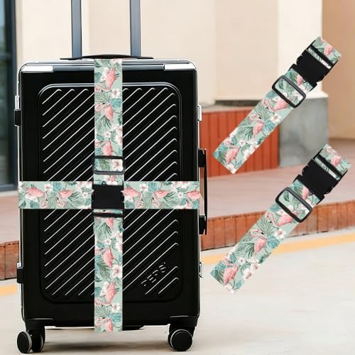 2PC, Flamingo Luggage Strap 1.97 x 70.87 inch Tropical Leaves and White Flower - Image 2