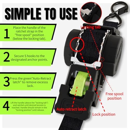 Retractable Ratchet Straps, 1 Inch x 12 Feet Heavy Duty Tie Downs, 1760lb Break - Image 5
