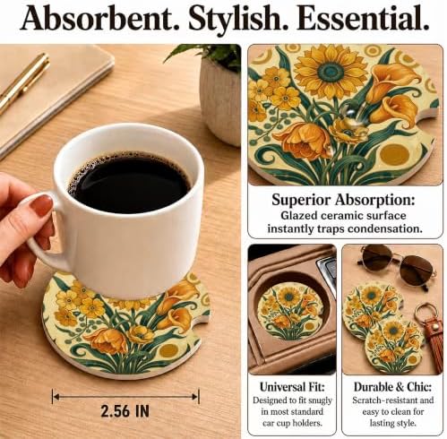 Boho Sunflower Tulip Floral Car Coasters, Retro Country Cup Holders - Image 3