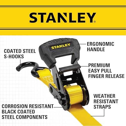 Stanley S1006 Black/Yellow 1" x 14' Ratchet Tie Down Straps - Image 2
