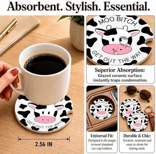 Funny Cow Car Coasters, Moo Get Out The Way Coquette Cup Holders - Image 3