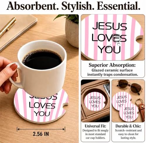 Pink Christian Faith Car Coasters, Jesus Loves You Preppy Cup Holders - Image 3