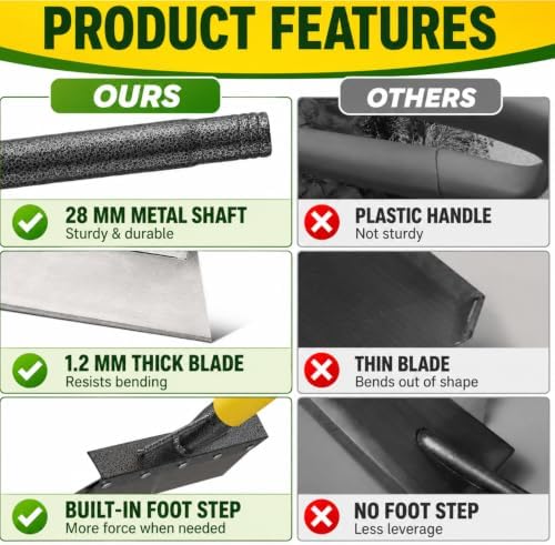 Garden Flat Shovel Floor Scraper, Wider Blade, 60” Adjustable Long Handle - Image 6