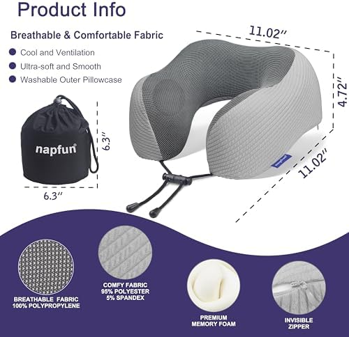 napfun Neck Pillow for Travel, Memory Foam Airplane Pillow, Mist Gray - Image 2