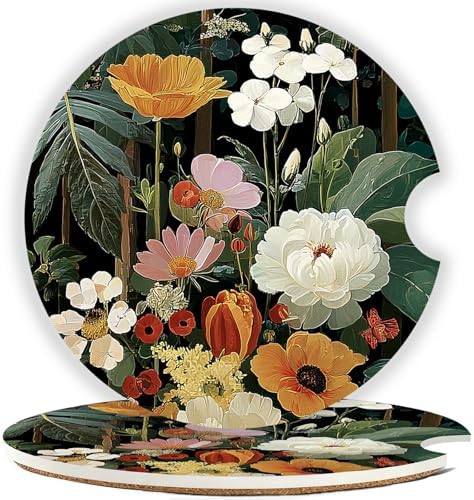 Ceramic Car Cup Holder Coasters Set of 2, 2.56 in Black Flowers by Mengduxd
