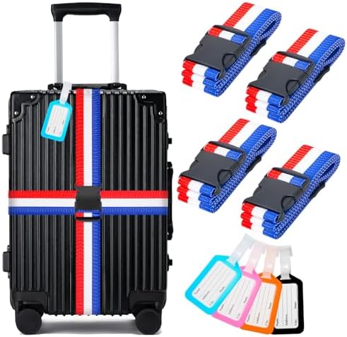 Luggage Straps and Tags Set for Suitcase, 4 Vibrant Color Straps and 4 Tags by BILIONE
