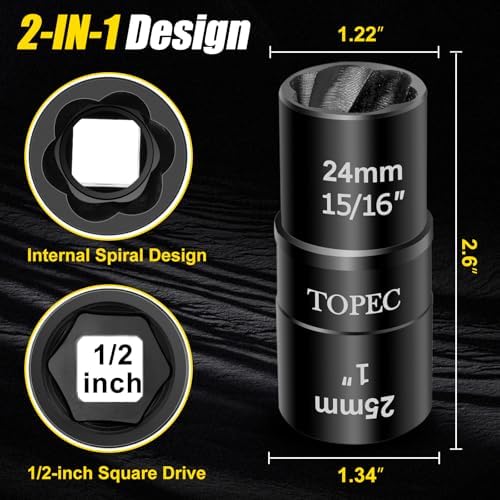 Topec 24mm x 25mm Flip Lug Nut Extractor, 1/2" Drive Lug Nut Removal Tool - Image 2