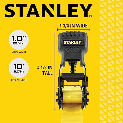 STANLEY S10002 Black/Yellow 1" x 10' Ratchet Tie Down Straps - 500 lb Safe - Image 6