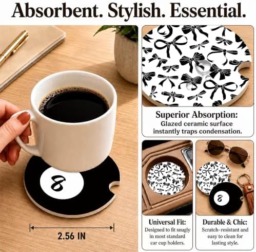 Black White Bow Car Coasters, Pool 8 Ball Retro Coquette Cup Holders - Image 3